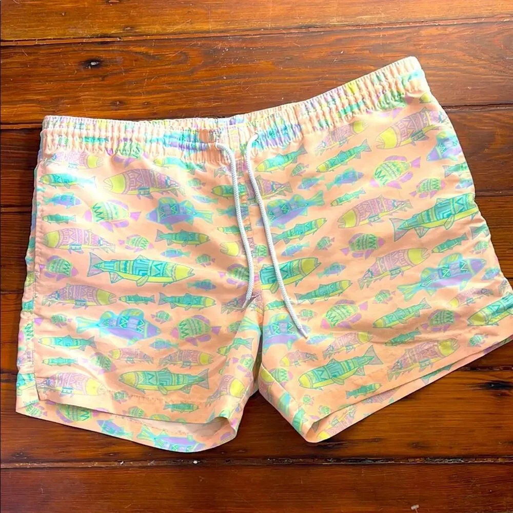 Chubbies fish print lined pull on elastic waist drawstring swim trunks sz L